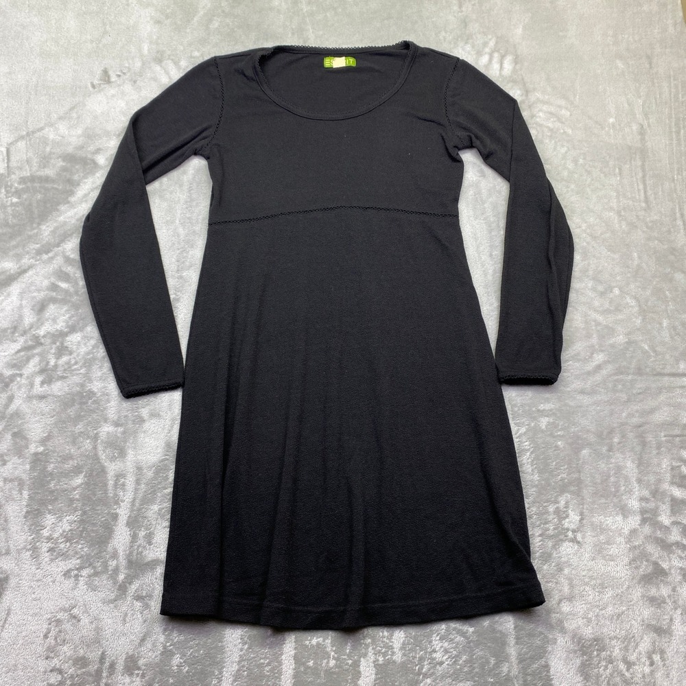 Esprit Black Long Sleeve Empire Waist Scoop Neck Dress Pointelle Trim Womens M